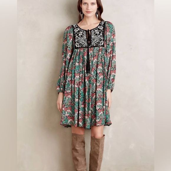Anthropologie Floreat Ottava Peasant Tunic Mini Dress Boho Dark Floral Size XS - Picture 3 of 14